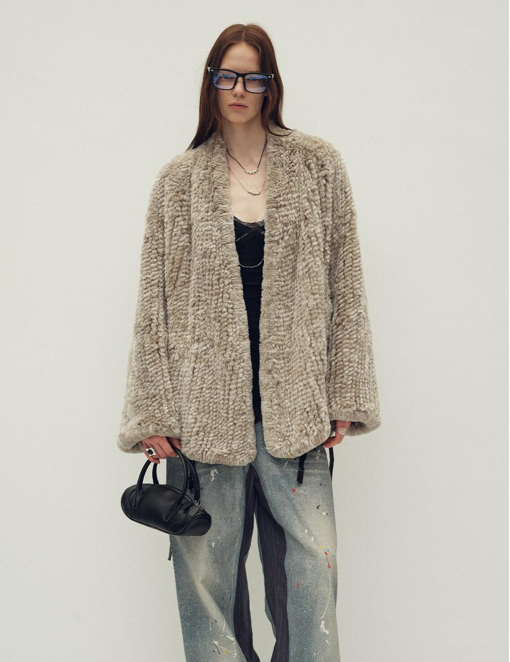 Loose-fitting two-tone gradient-dyed long woven Rex rabbit fur coat "Artistic Weaving"