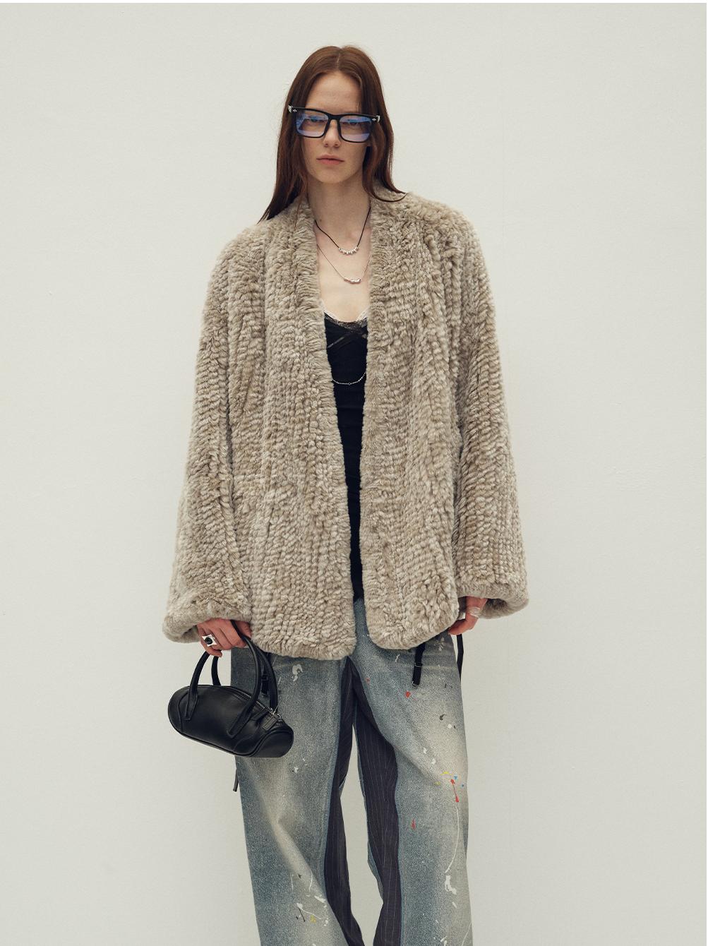 Loose-fitting two-tone gradient-dyed long woven Rex rabbit fur coat "Artistic Weaving"