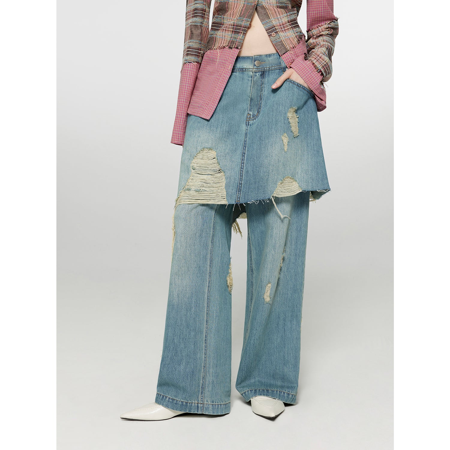 "Fashionable Sniper" Tencel blended fake two-piece stitching jeans women's ripped raw edge straight wide-leg pants