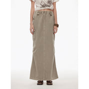 "Dune Fantasy" Wasteland Style Washed Drawstring Elastic Low Rise Straight Workwear Denim Skirt