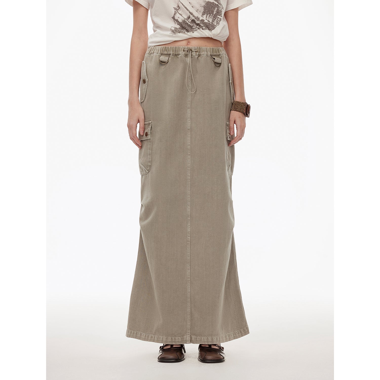 "Dune Fantasy" Wasteland Style Washed Drawstring Elastic Low Rise Straight Workwear Denim Skirt