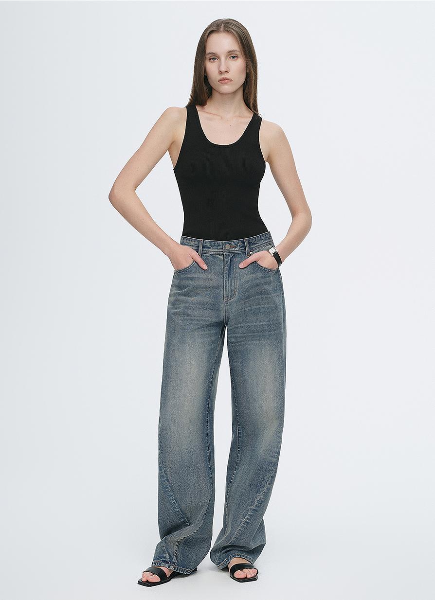 Vintage heavy cotton polyester blended washed comfortable slim front curved jeans