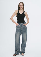 Vintage heavy cotton polyester blended washed comfortable slim front curved jeans