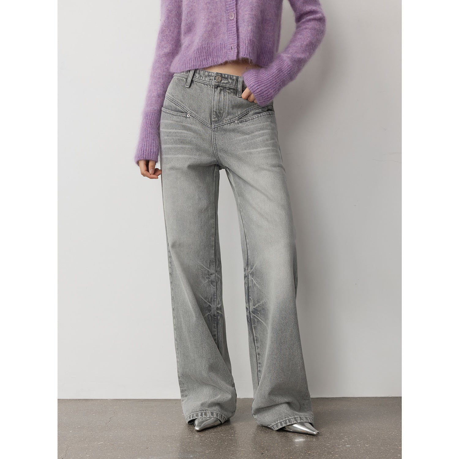 Vintage Heavy Wash Distressed Marble Pattern V-Shaped Segmented Slimming Textured Straight-Leg Denim Trousers