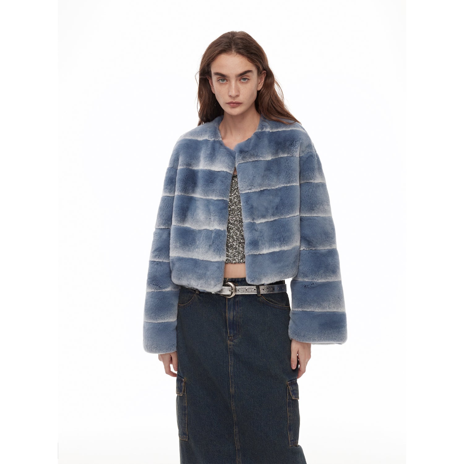 "Dream Chaser" round neck short horizontal spray stripe contrast color loose imported Rex rabbit fur coat