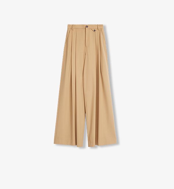 Merino wool blended double pleated wide-leg pants for women, versatile, drapey and comfortable casual trousers