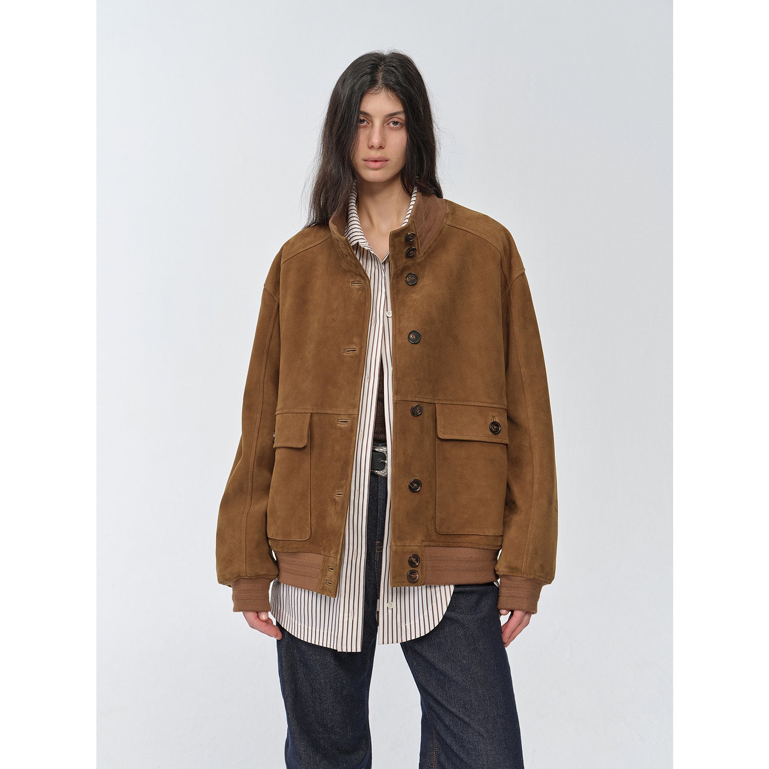 Vintage imported suede sheepskin leather ribbed patchwork jacket "Spring Whisper"