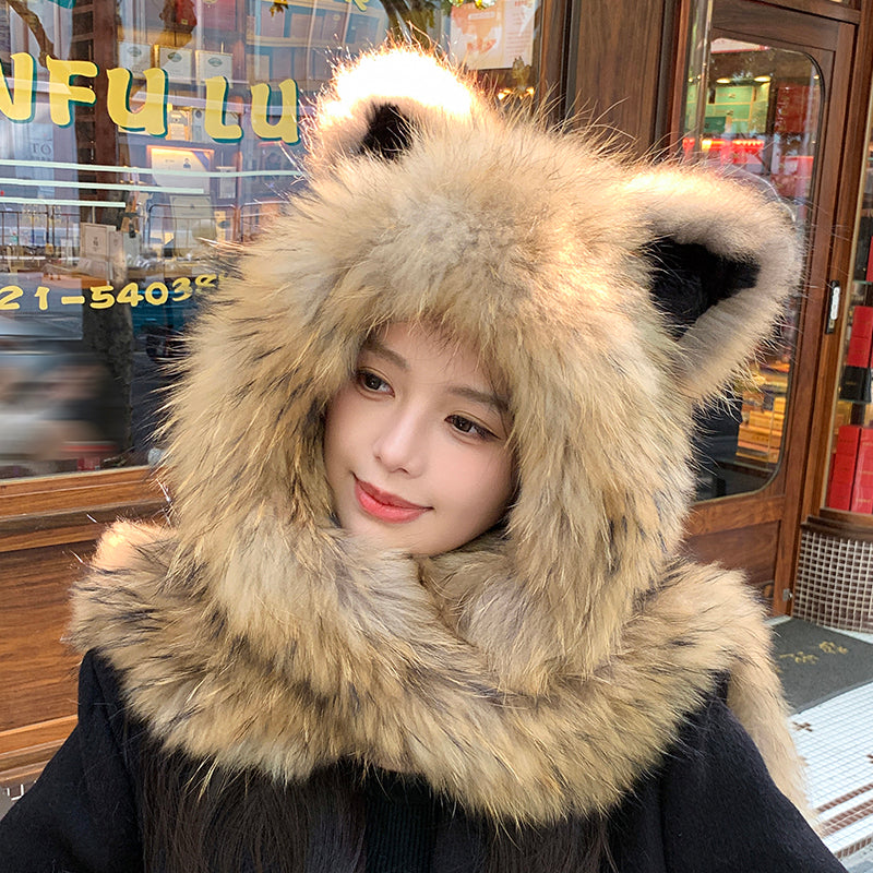 Cute cat ears fox fur scarf dual-purpose fur hat thick warm scarf with hood