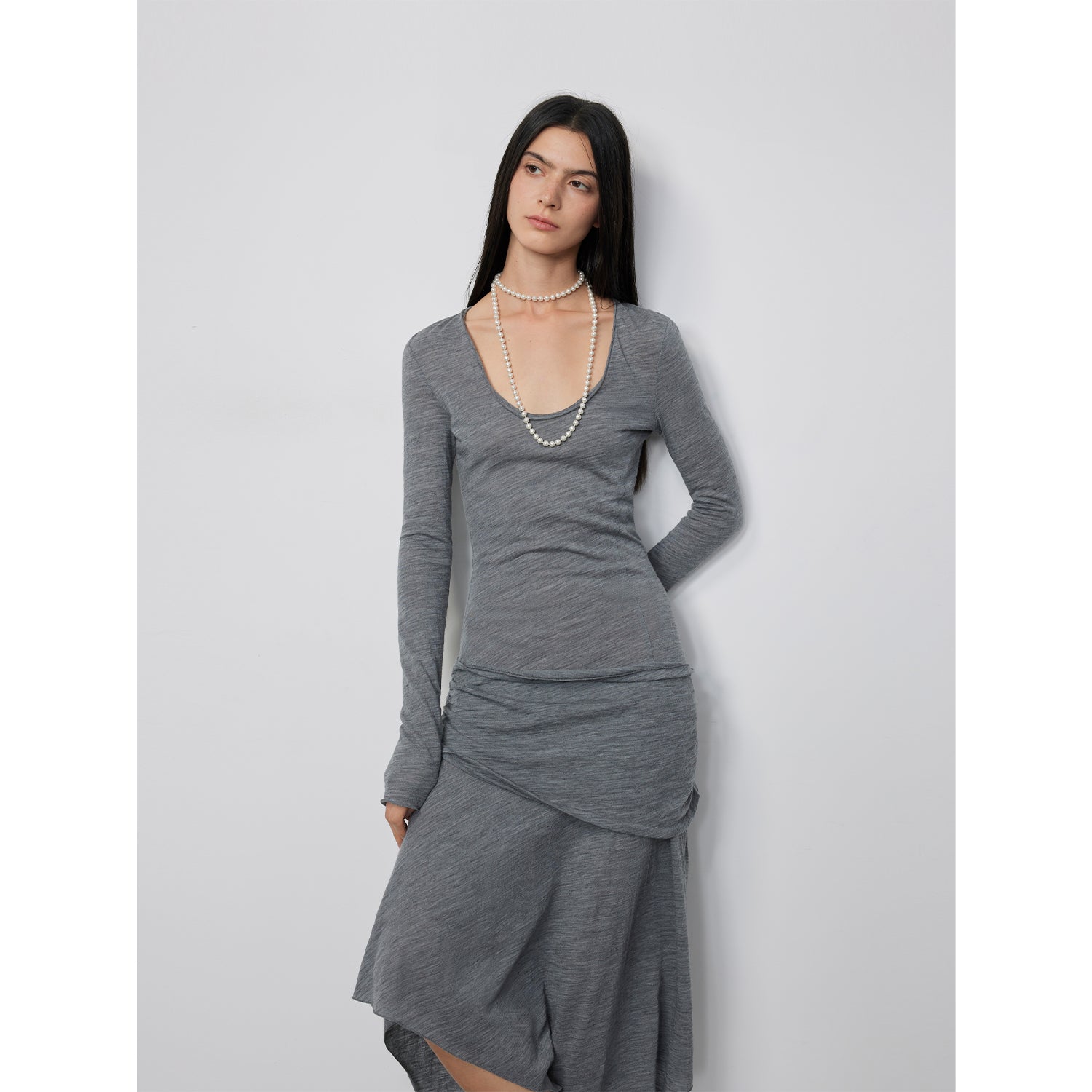 "Dreamy Ball" Lightweight and Breathable 100% Wool / U-neck Irregular Hem Long Dress for Women