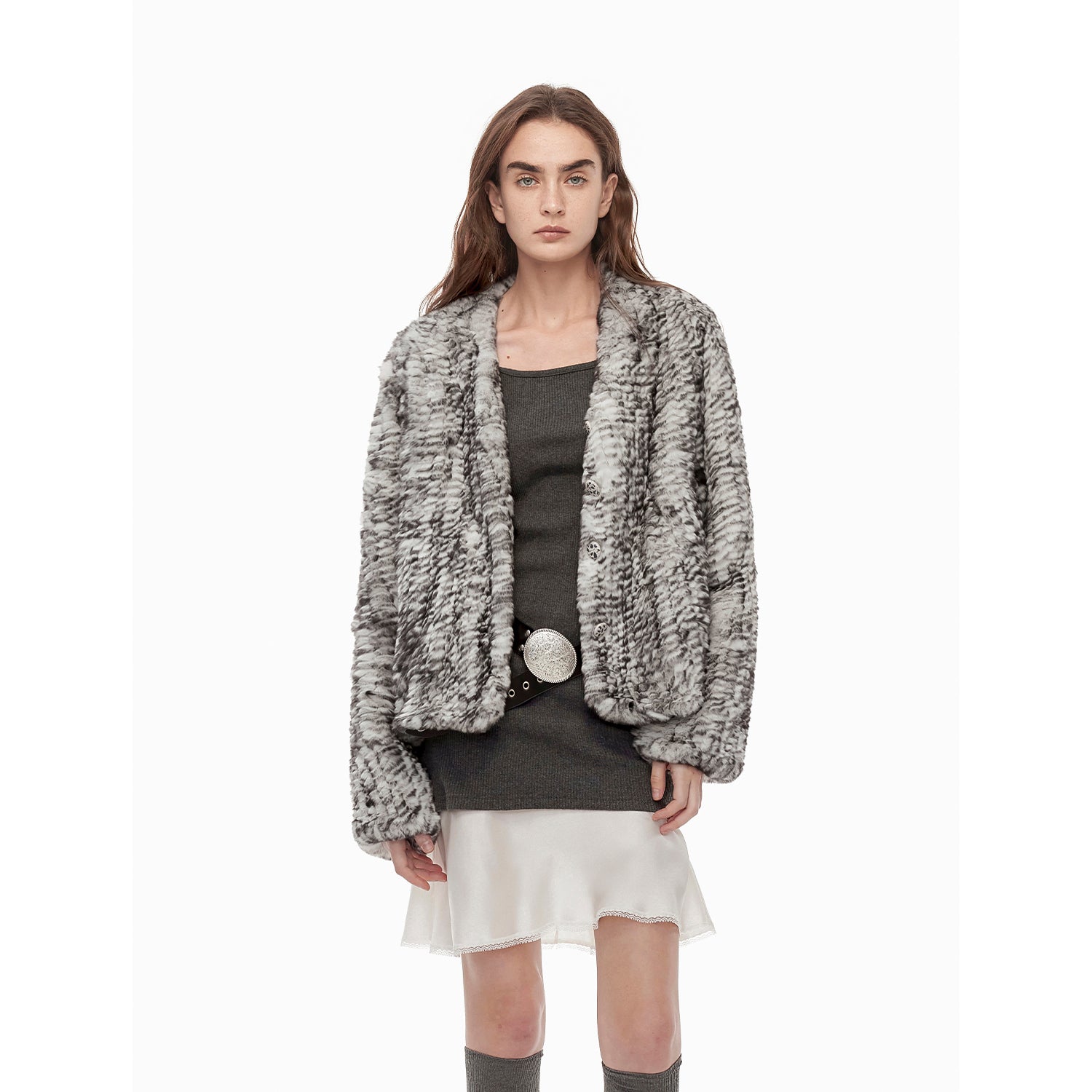 "Masked Denim" fashionable lazy hand-dyed V-neck H-shaped short woven Rex rabbit fur coat