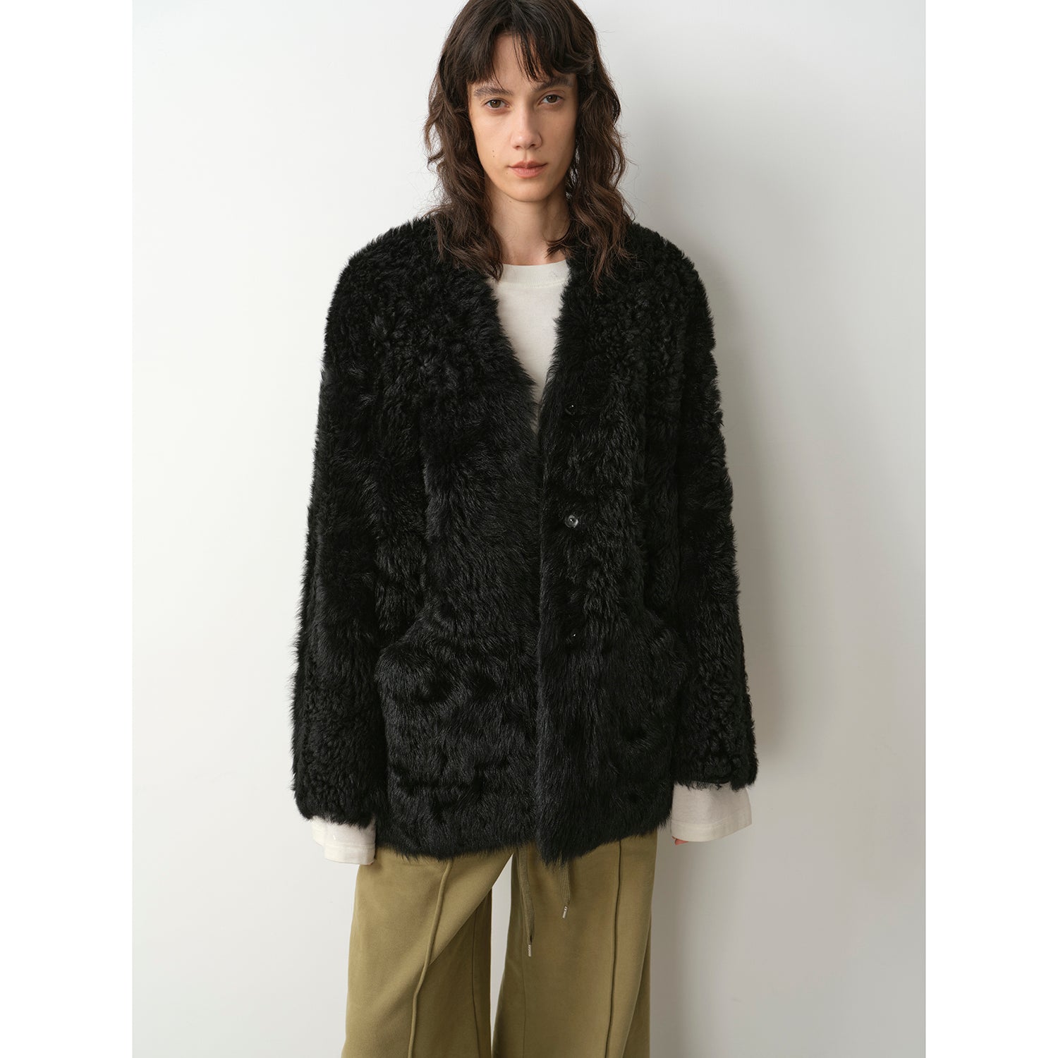 "Castle Dusk" V-neck Italian imported Tuscan curly wool sheepskin fur coat winter