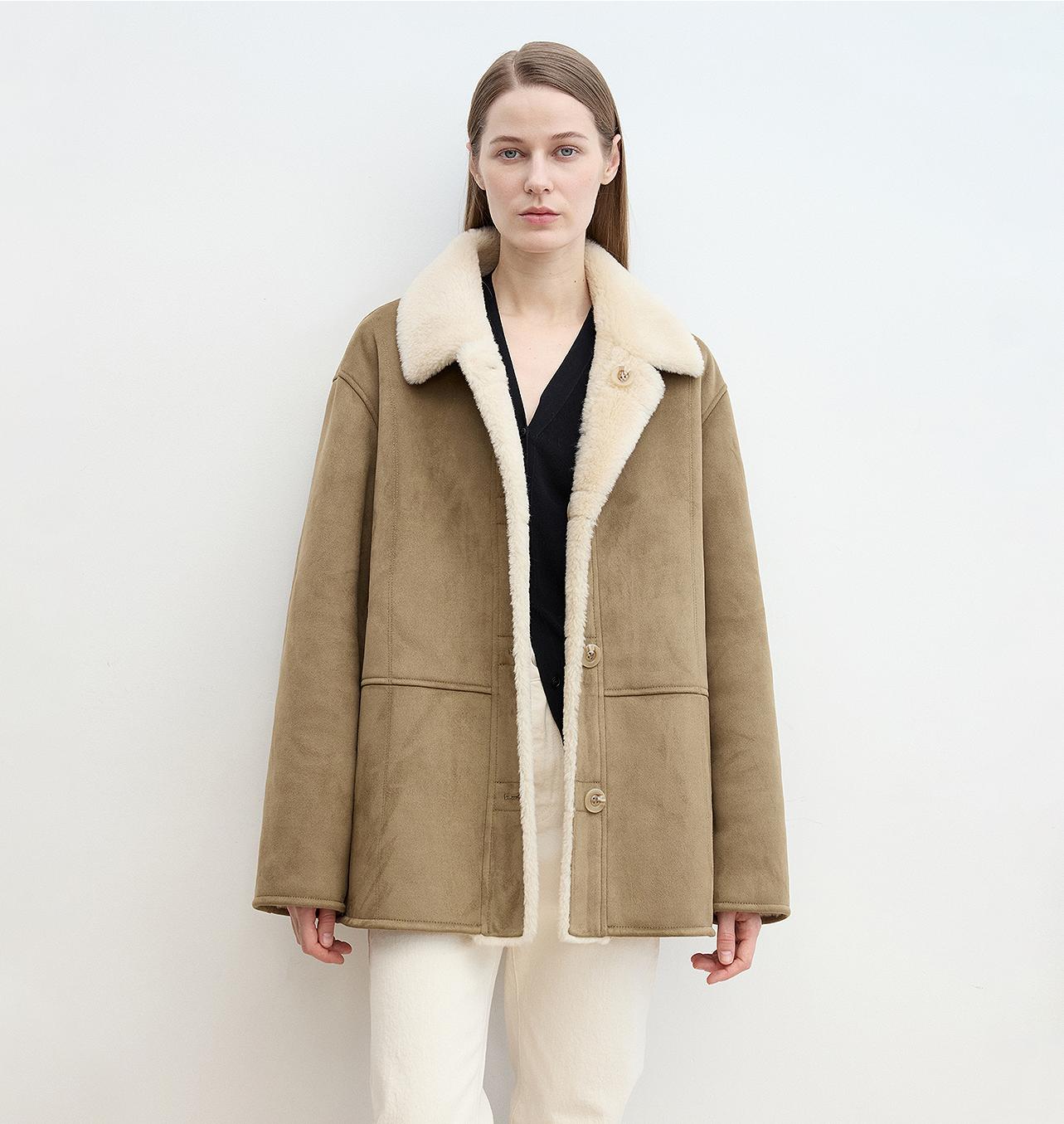 “Vintage Manor”High Quality Wool Contrast Lapel Reversible Artificial Compound Suede Shearling jacket