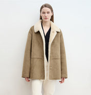“Vintage Manor”High Quality Wool Contrast Lapel Reversible Artificial Compound Suede Shearling jacket