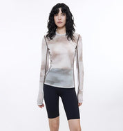 Smudge-printed mesh slightly see-through long-sleeved T-shirt for women