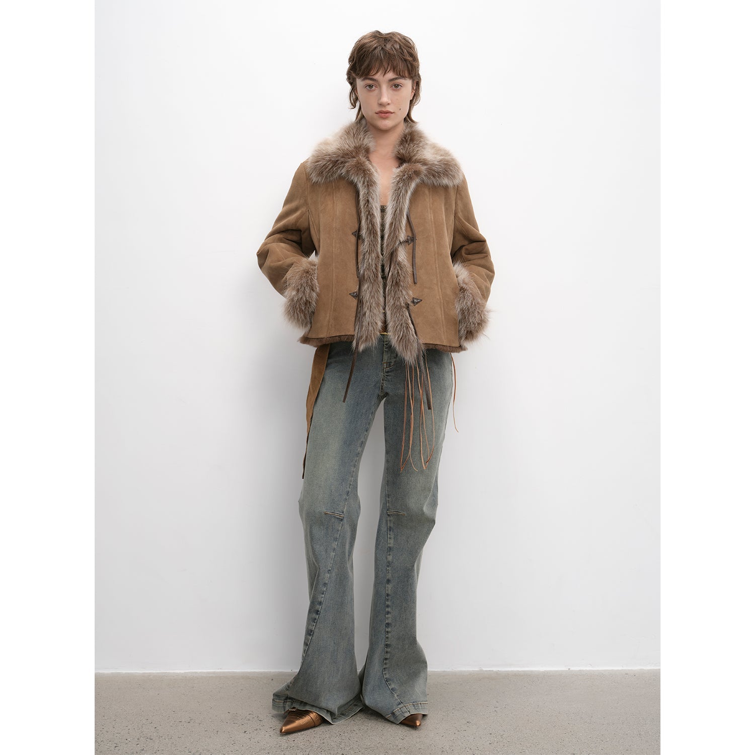 Florence Retro Layered Spliced Fox Fur Collar Short Jacket Winter