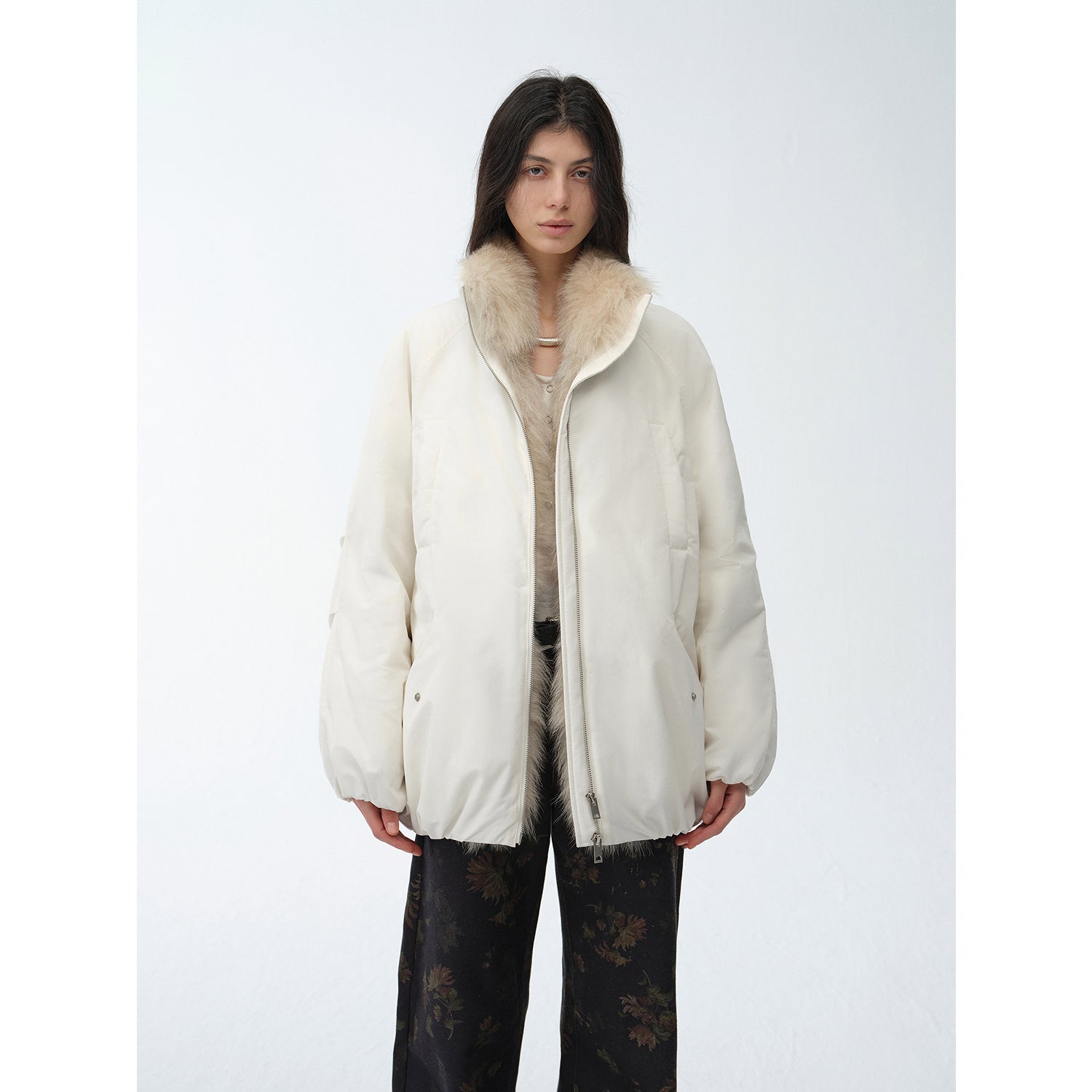 "Warm Dialogue" Two-tone fox fur collar detachable 90 goose down jacket mid-length down parka