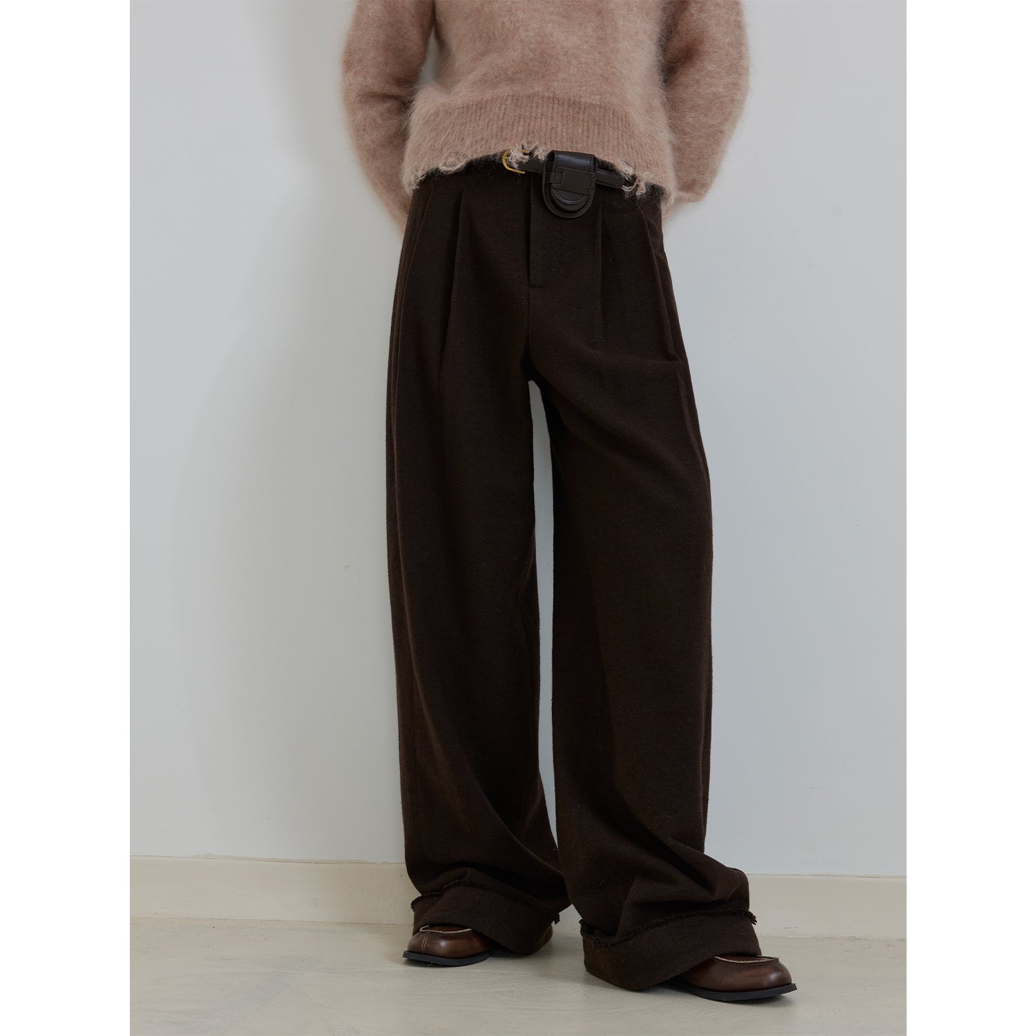 "Commuting Rules" Worsted Wool Blend Waistless Raw Edge Wide Leg Pants Slimming Scimitar Casual Pants