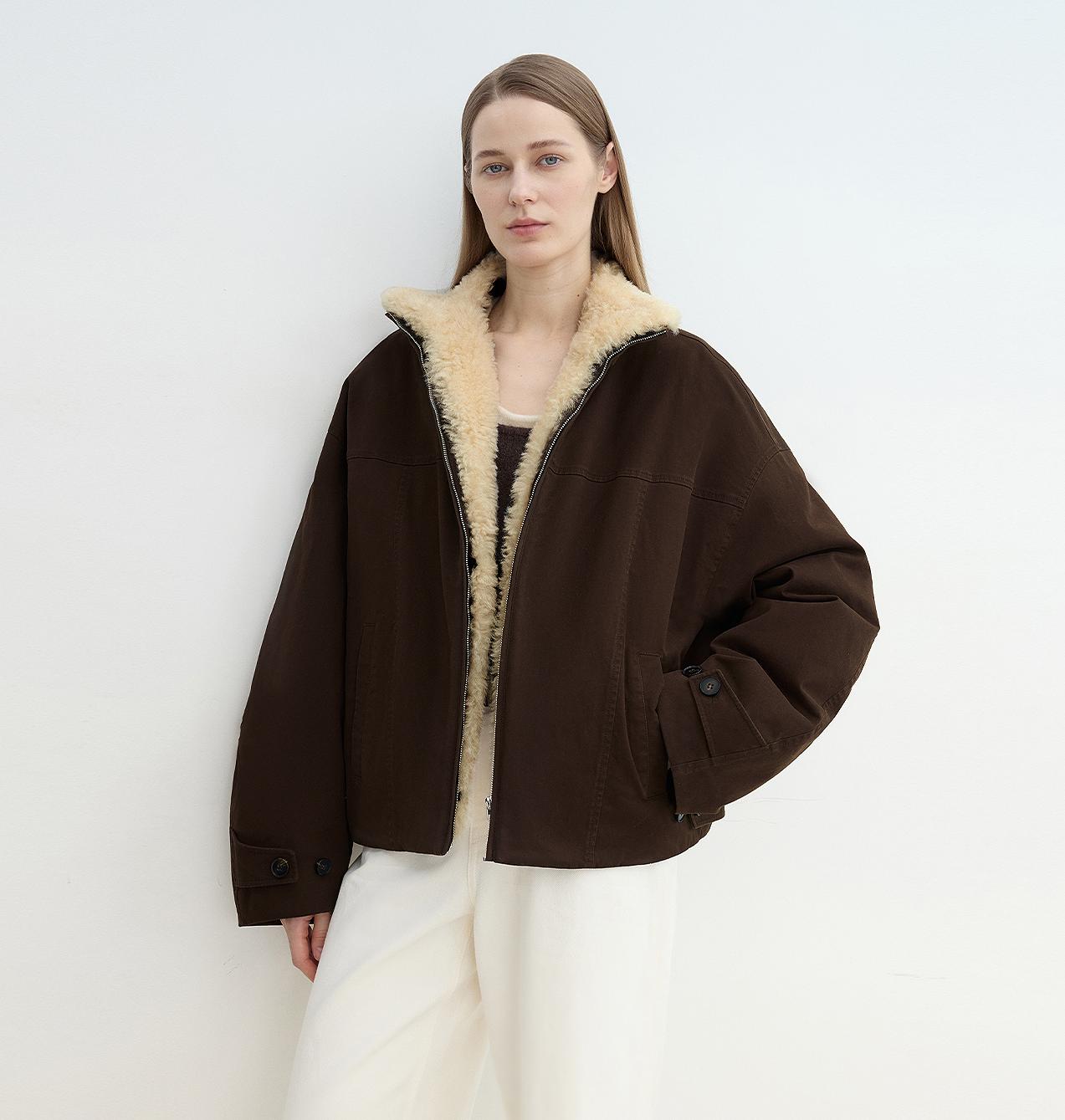 "Rebellious Escape" detachable contrasting color shearling fur collar down short parka