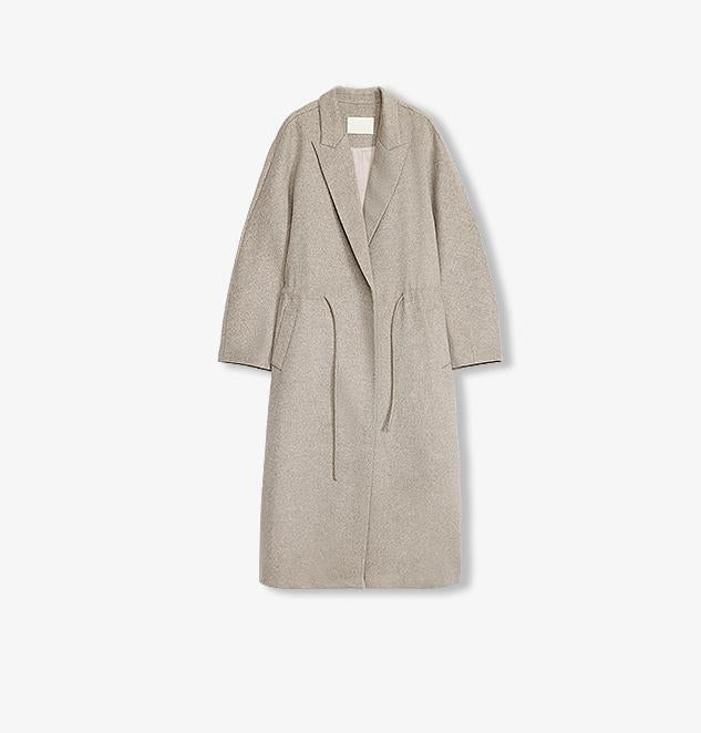 "Desert Heart"women's original color wool peaked lapel drawstring mid-length wool coat