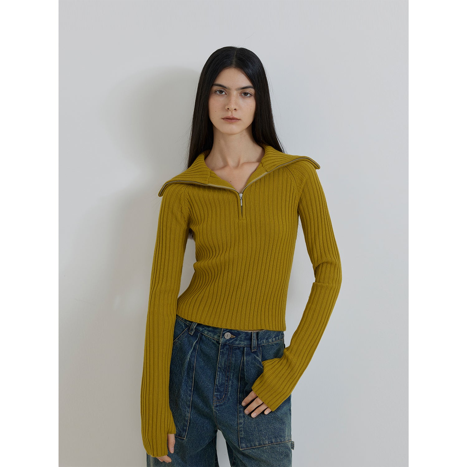 Merino wool stretch ribbed zip-up sweater "Fallen Leaf Street"