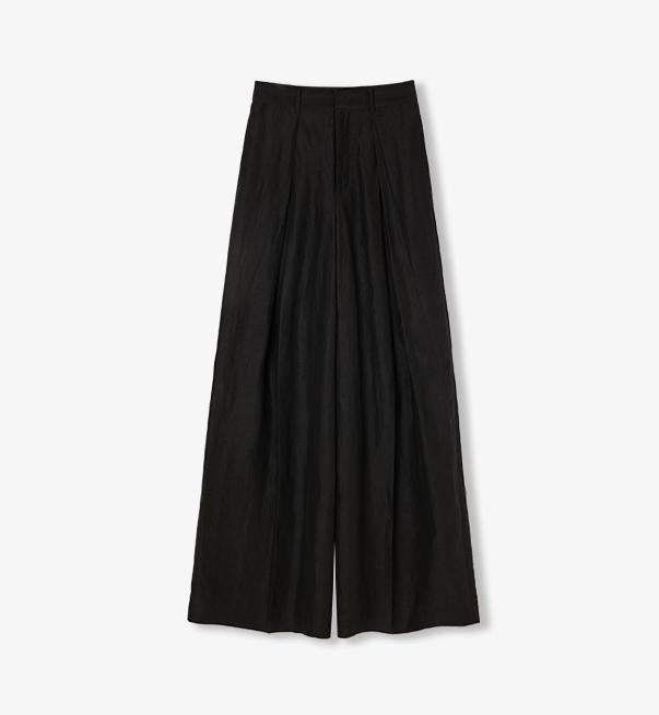 Silk Linen Pleated Wide Leg A-Line Trousers Casual Pants