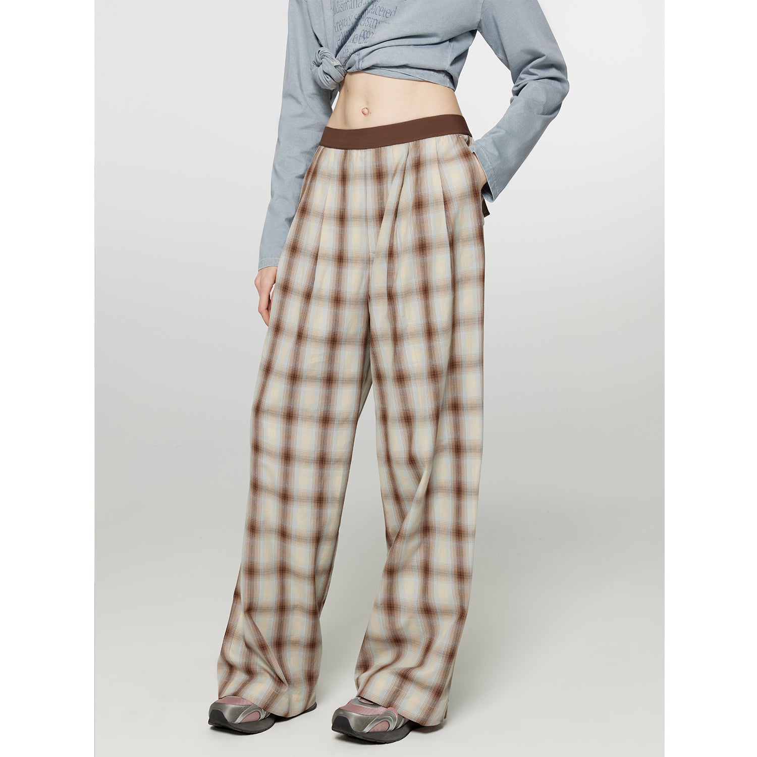 "Patchwork Street Corner" Dyed Retro Plaid Casual Pants for Women, Elastic Waist, Straight-Leg, Wide-Leg Long Trousers