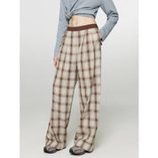 "Patchwork Street Corner" Dyed Retro Plaid Casual Pants for Women, Elastic Waist, Straight-Leg, Wide-Leg Long Trousers