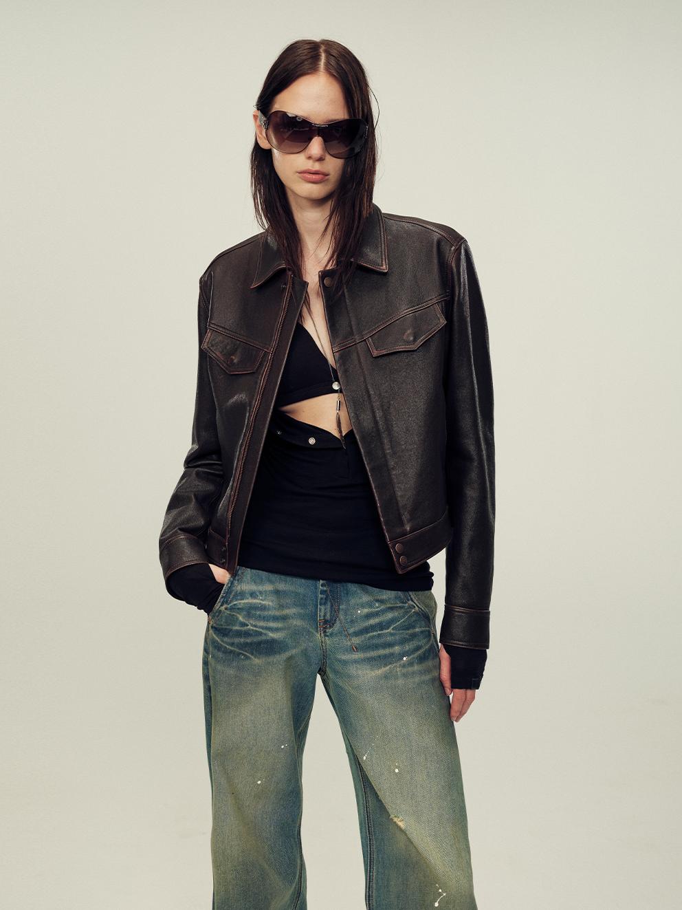 Women's imported first-layer suede sheepskin short autumn leather jacket