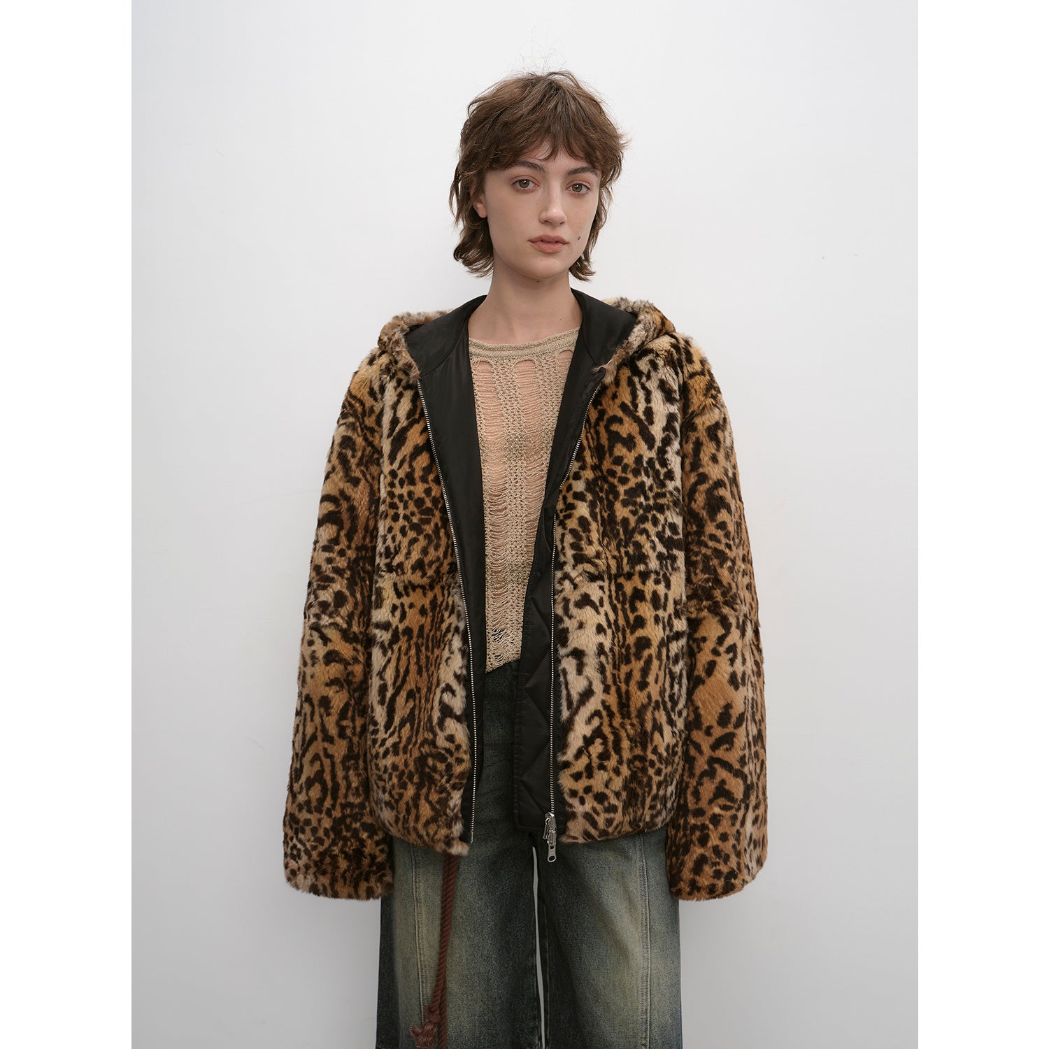 "Leopard Fantasy" Leopard Spot Print Reversible Drop Shoulder Hooded Custom Rabbit Fur Coat