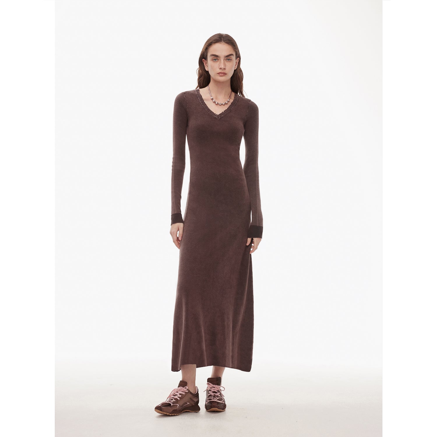 "Kalle Morning" fashionable fermented washed distressed raw edge V-neck waist dress for women