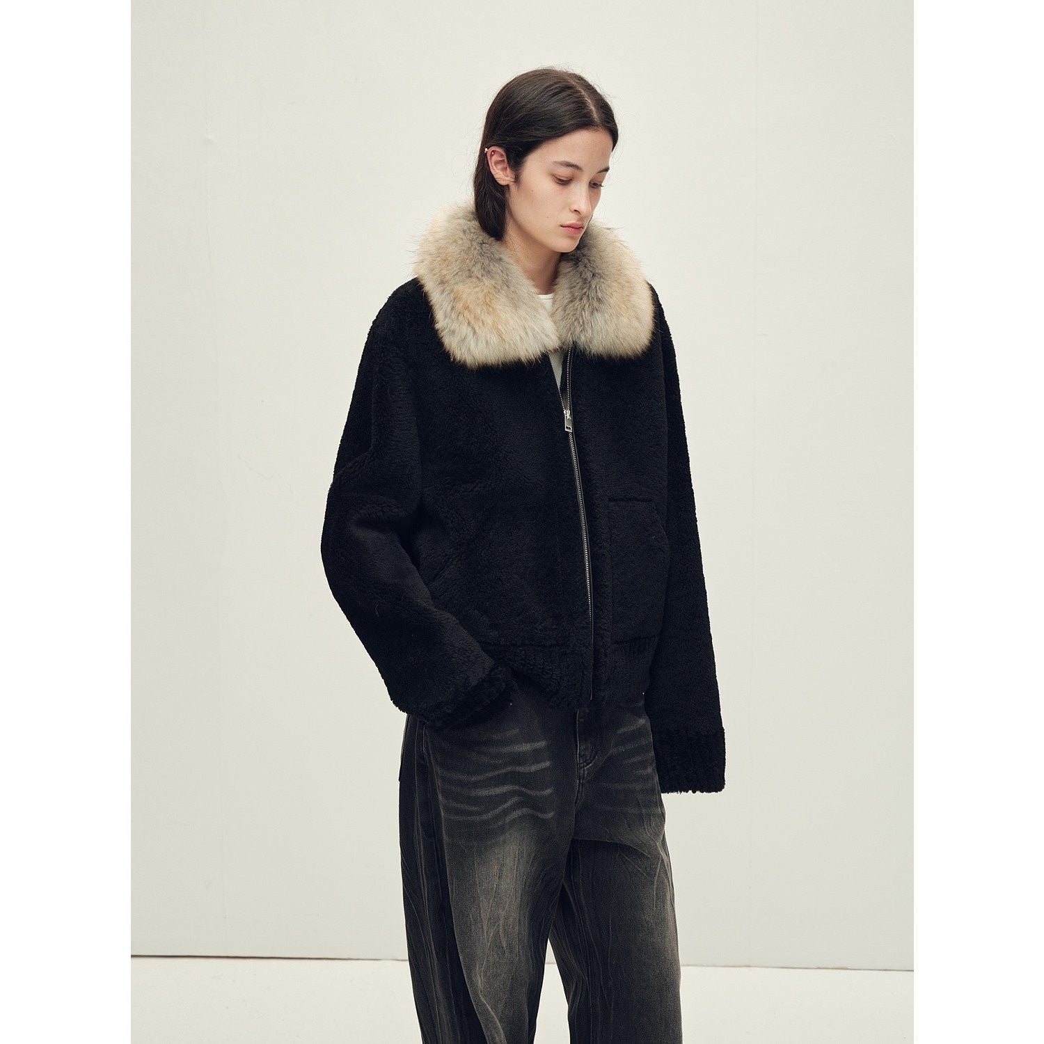 Firelady Fur Women's Merino Shearling Coat | Layered Patch-Dyed Raccoon Fur Collar“Hokkaido Melody”