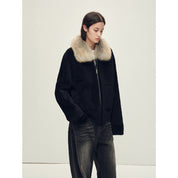 Firelady Fur Women's Merino Shearling Coat | Layered Patch-Dyed Raccoon Fur Collar“Hokkaido Melody”