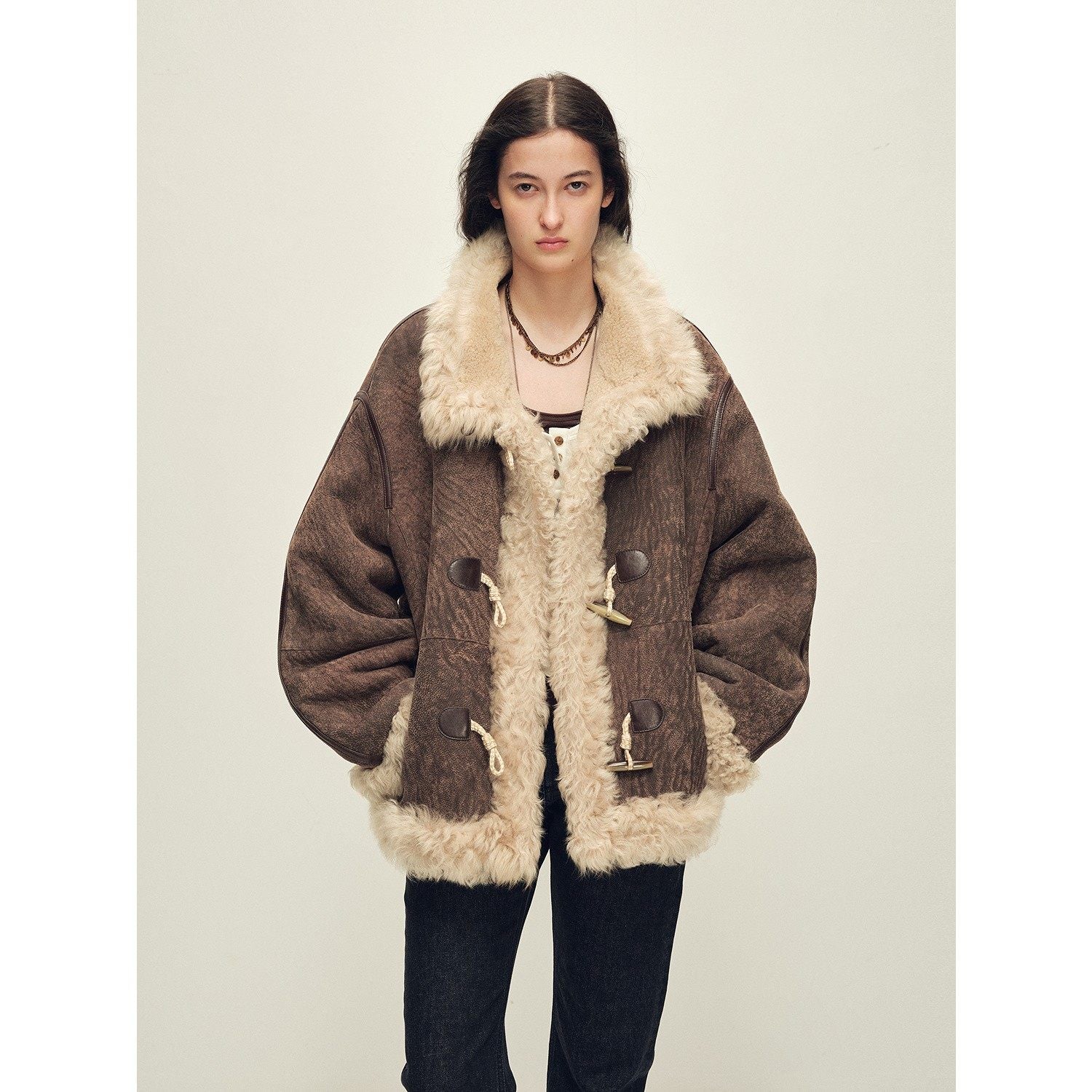 Firelady Fur Women's Shearling Coat | Merino Wool & Curly Toca Trim, Imported Two-Tone Plush Shawl Collar“Galaxy Gala”