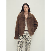 Firelady Fur Women‘s Contrast-Collar Shearling Coat with Shaved Leather Trim & Merino Shearling