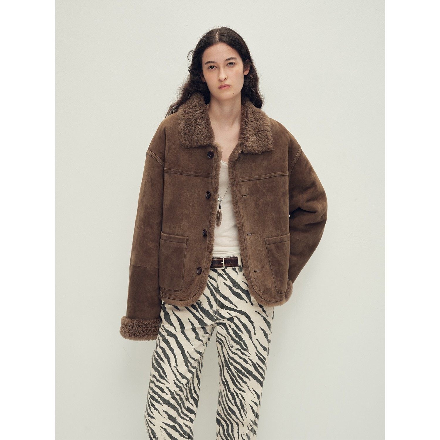 Firelady Fur Women‘s Contrast-Collar Shearling Coat with Shaved Leather Trim & Merino Shearling