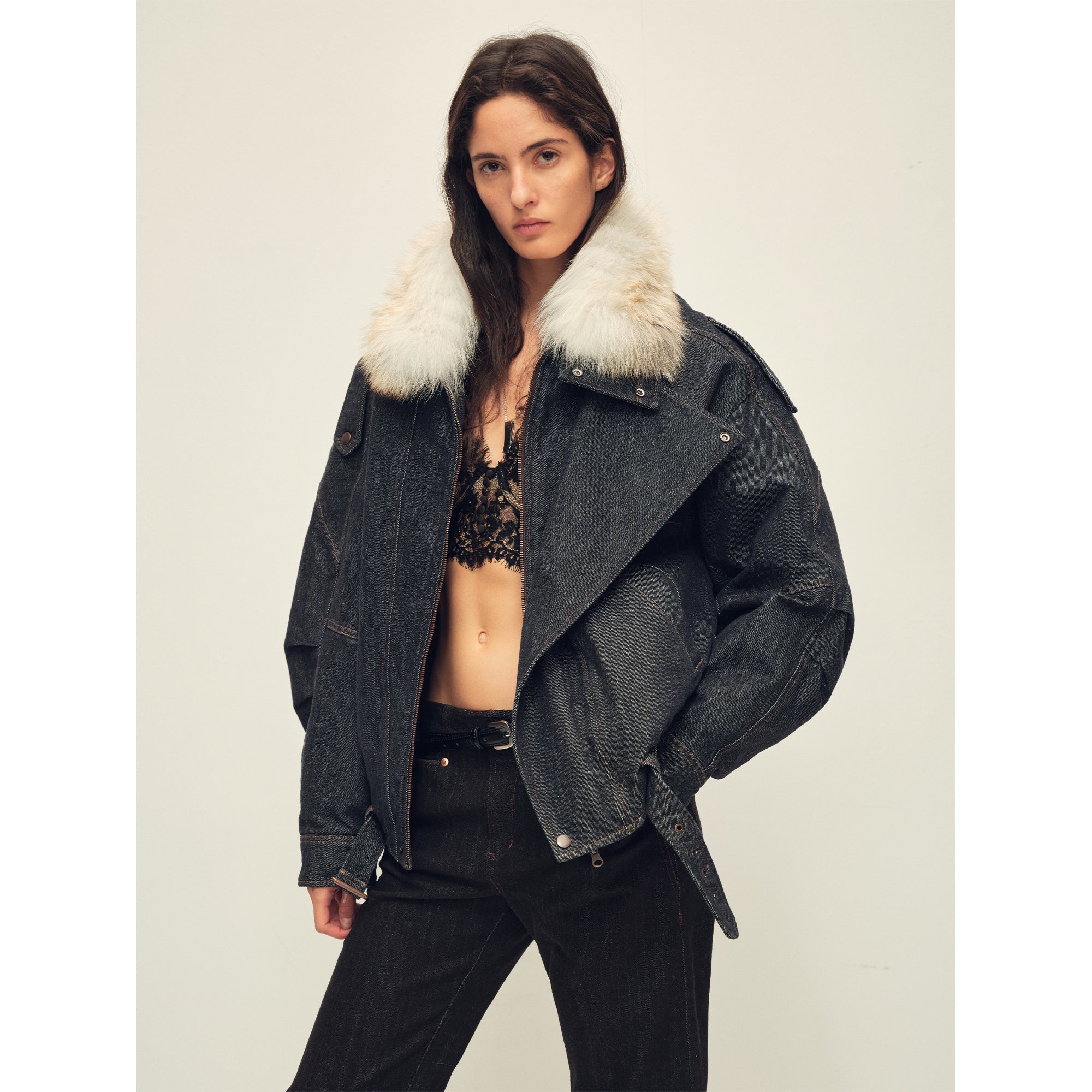 Fireladyfur Women’s Flocked Denim Goose Down Parka with Detachable Fox Fur Collar“City Travel”