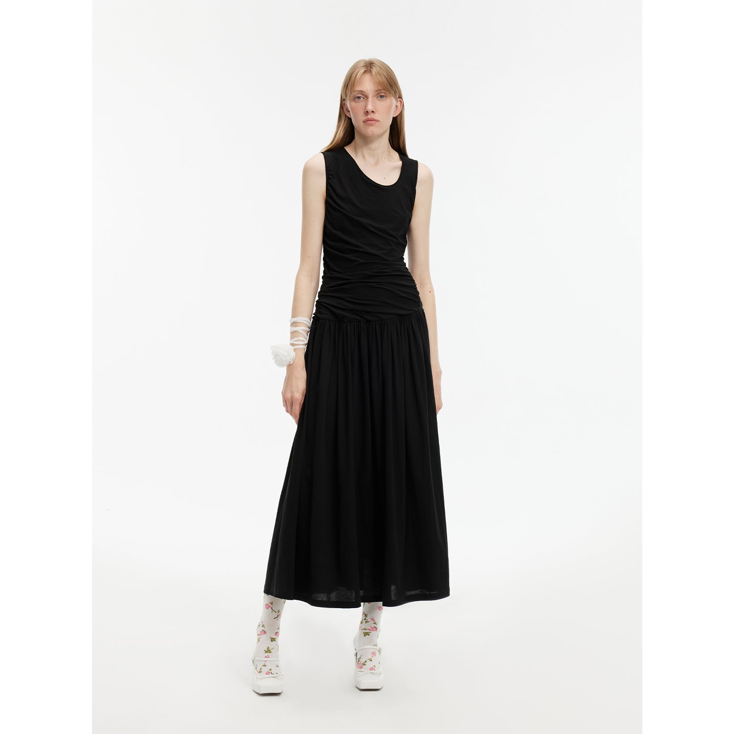 "Casual Commuting" light luxury mercerized cotton special-shaped collar waist irregular lazy long dress