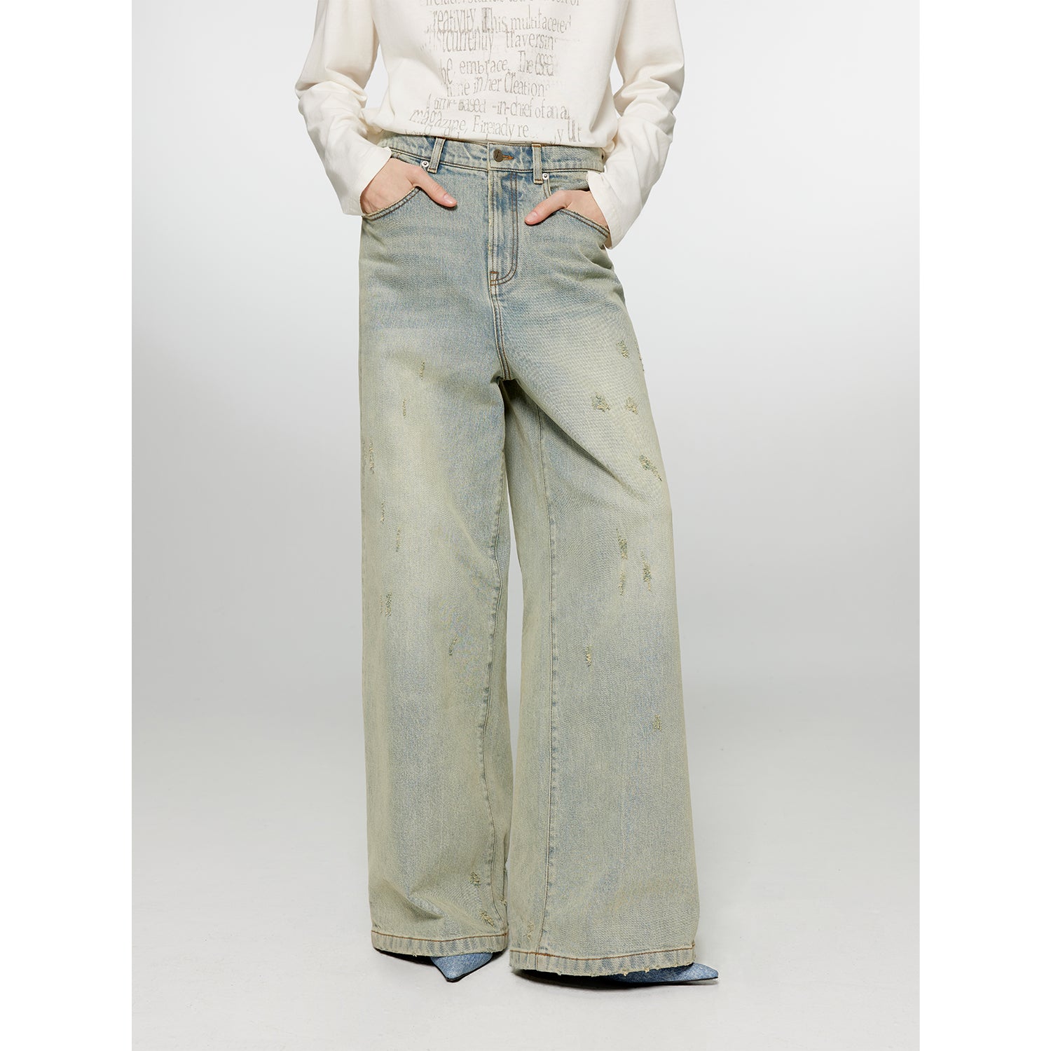 "90 Street" Retro Washed Distressed Straight Leg Wide Leg Low Crotch Jeans Women's Loose Pants