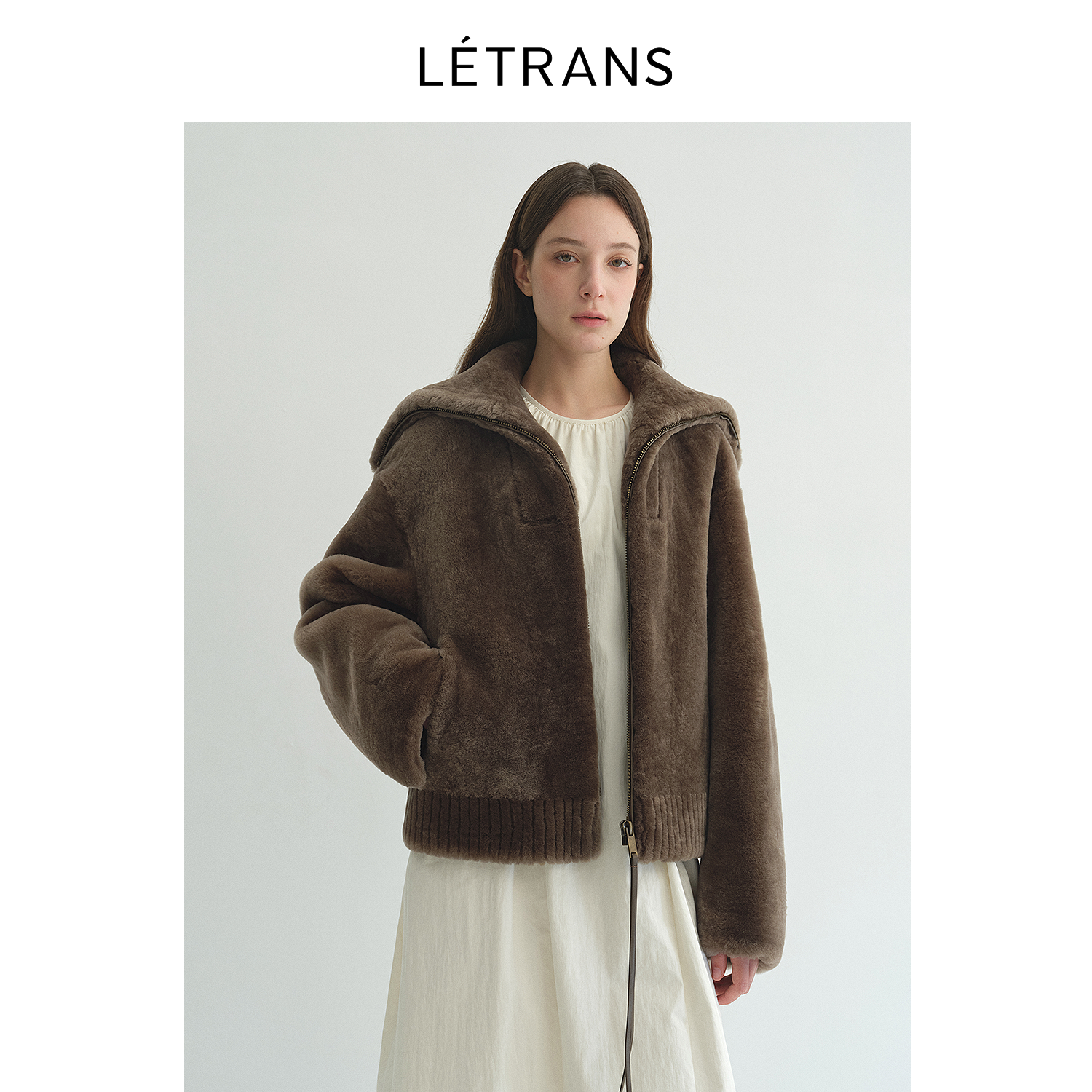 Fireladyfur Women's Shearling Leather Coat | Short Navy Collar Merino Wool Blend“Butter Crisp”