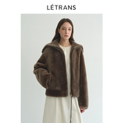 Fireladyfur Women's Shearling Leather Coat | Short Navy Collar Merino Wool Blend“Butter Crisp”