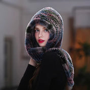 Rex rabbit fur scarf hat all in one warm snow hat neckband