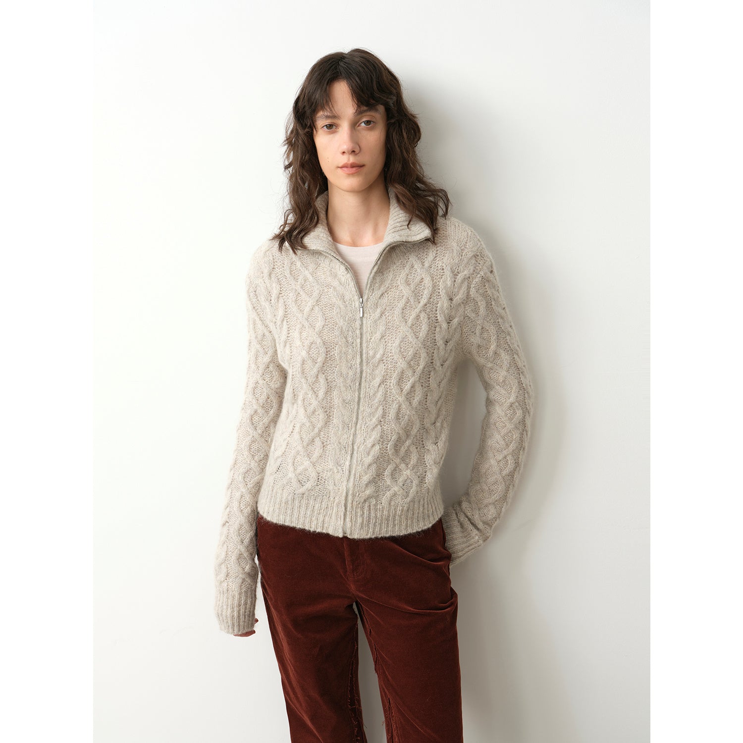 "Romantic Cable" vintage warm flower basic mohair wool cable blend zipper knitted cardigan