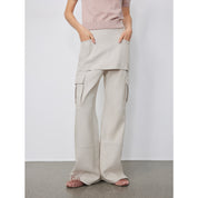 "Free to run away" miu style fake two-piece workwear micro-flared casual pants low-waist slim zipper trousers for women