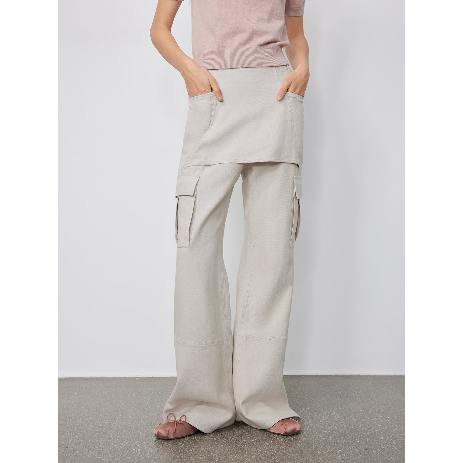 "Free to run away" miu style fake two-piece workwear micro-flared casual pants low-waist slim zipper trousers for women