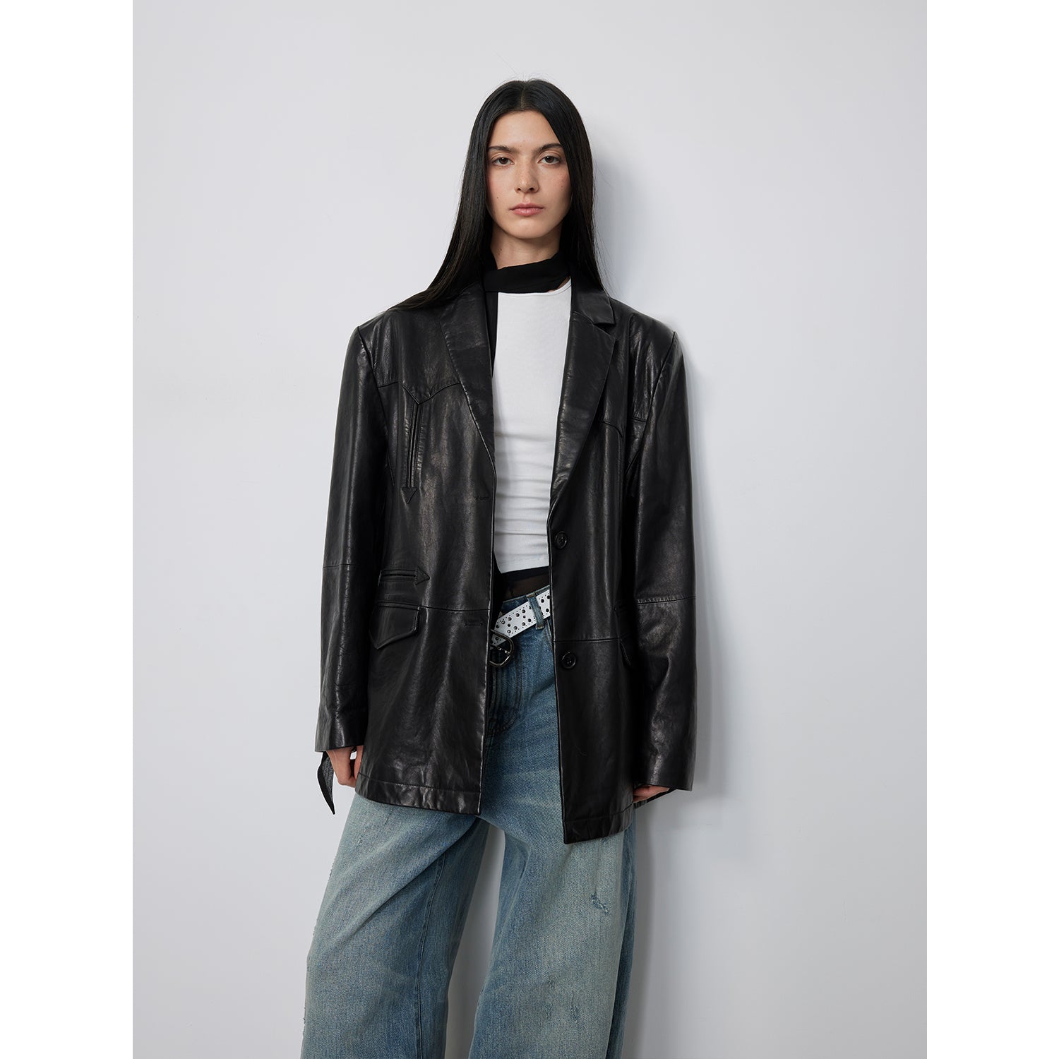 Custom-Dyed Washed Spray-Color Goat Leather Genuine Leather Blazer for Women, Vintage-Finish Leather Jacket “Nostalgic Denim”