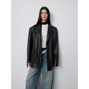 Custom-Dyed Washed Spray-Color Goat Leather Genuine Leather Blazer for Women, Vintage-Finish Leather Jacket “Nostalgic Denim”