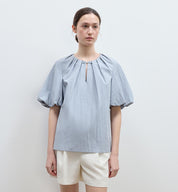 "Iceland Diary" neckline pleated design round neck tie puff sleeve short sleeve shirt for women