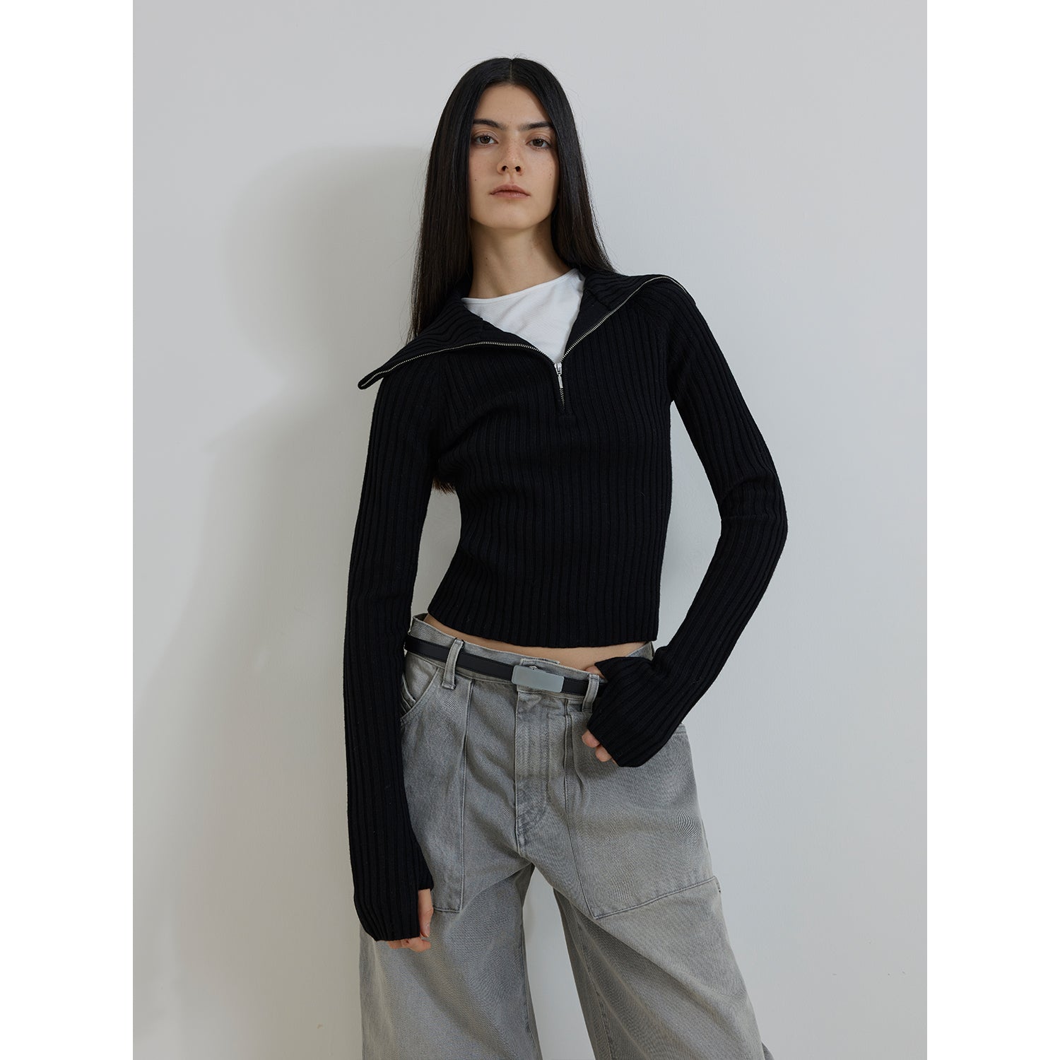 Merino wool stretch ribbed zip-up sweater "Fallen Leaf Street"