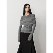 "Modern Tricks" personalized layered Tencel wool fake two-piece splicing one-shoulder versatile knitted top