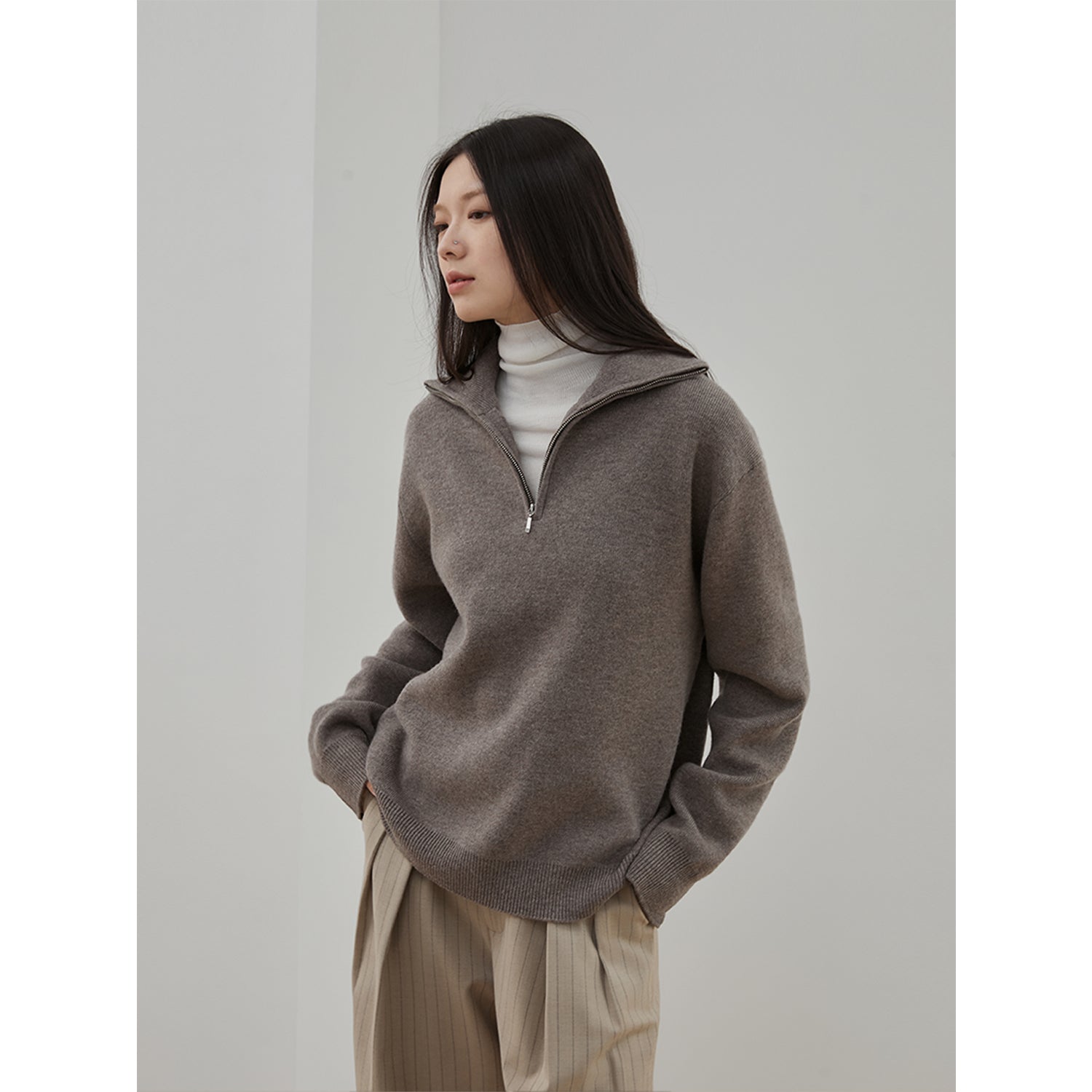 "Moonlight Farm" Merino wool lazy loose pullover sweater women's zipper turtleneck sweater